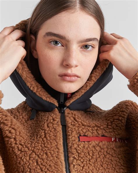 prada linea rossa winter jacket|Camel/black Cropped double fleece jacket .